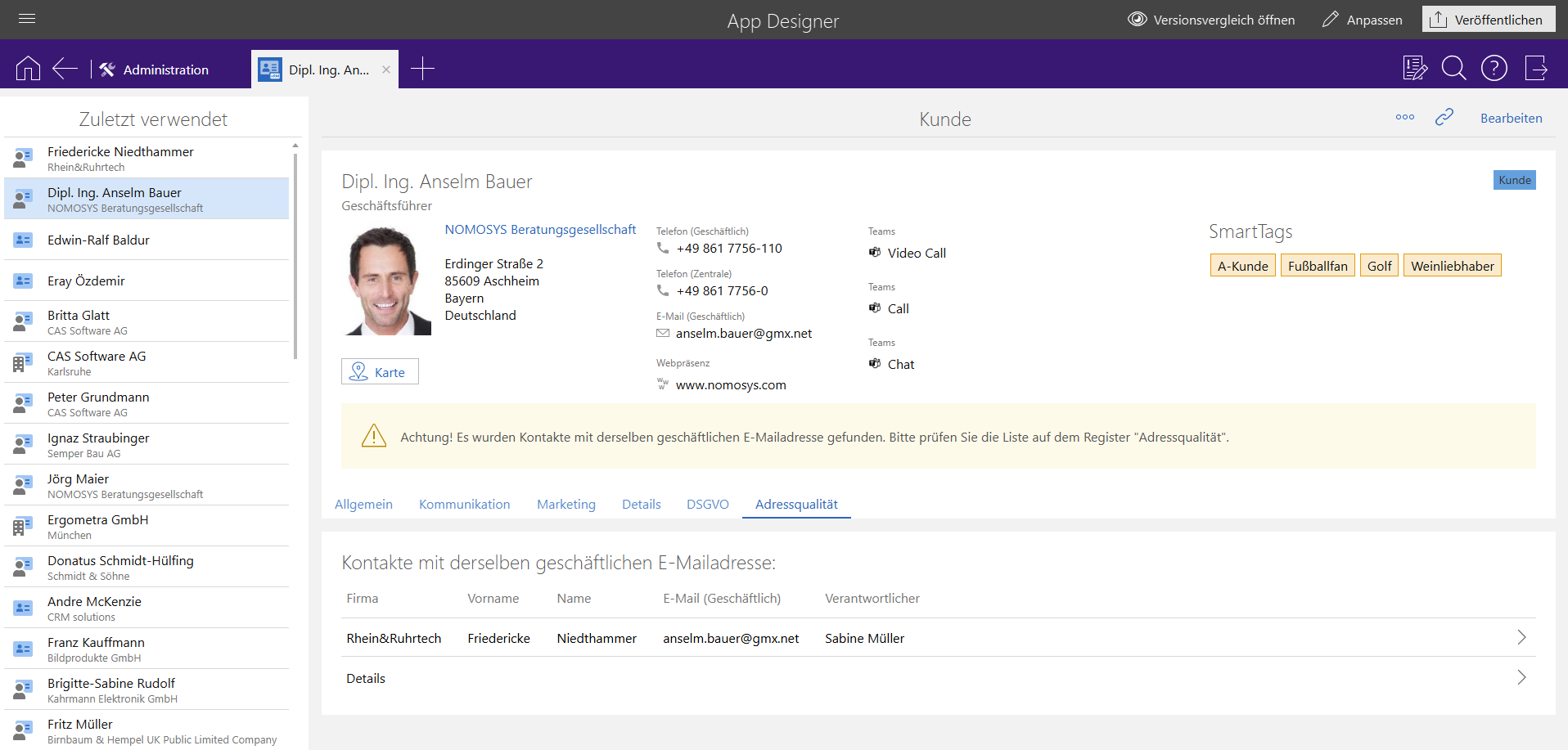 Anzeige einer Dublette auf einer Adresse