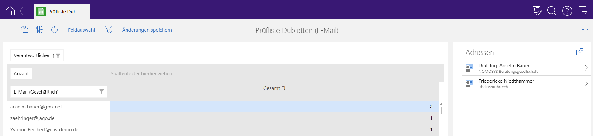 Dublettenprüfung über E-Mail-Adressen in der Listenansicht