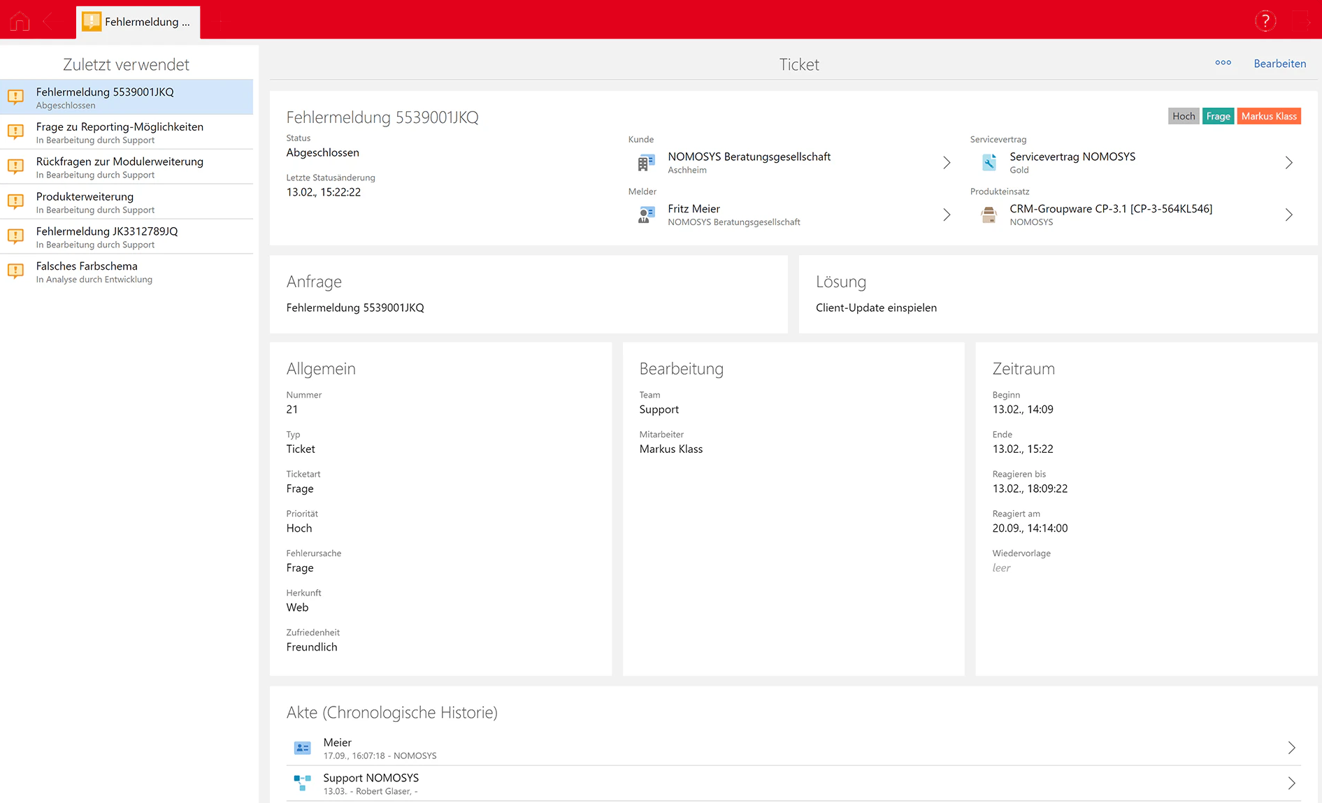 CRM für After-Sales und Service: Anlage eines Tickets